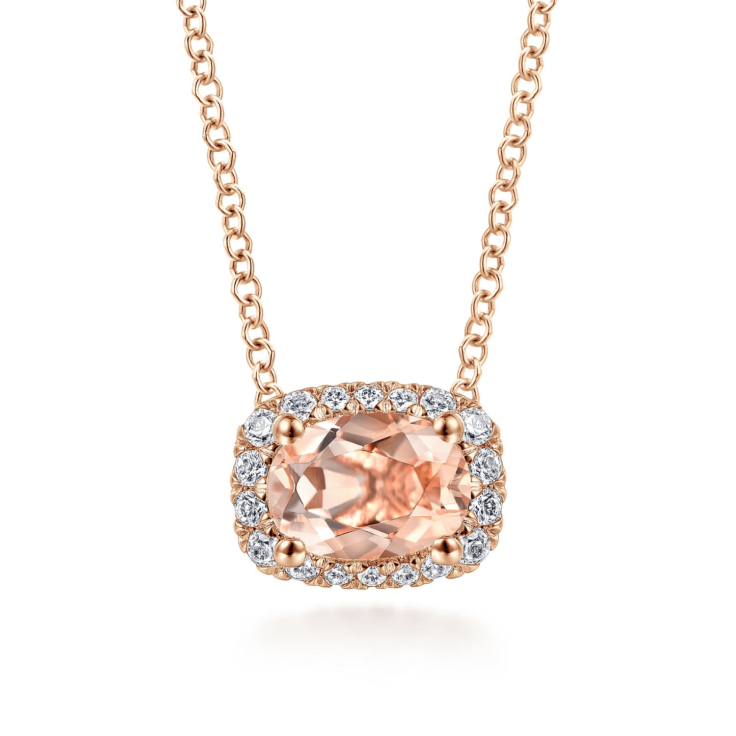 14K Rose Gold Oval Morganite and Diamond Halo Pendant Necklace