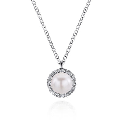 14K White Gold Cultured Pearl and Diamond Halo Pendant Necklace