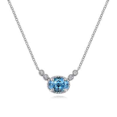 14K White Gold Oval Swiss Blue Topaz Pendant Necklace with Diamond Accents