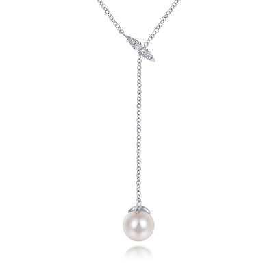 14K White Gold Diamond And Pearl Y Knot Necklace