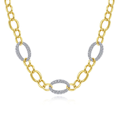 14K Yellow-White Gold Oval Chain Link Necklace with Diamond Pavé