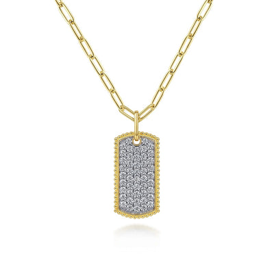 14K Yellow Gold Diamond Pavé Dog Tag Pendant Hollow Chain Necklace