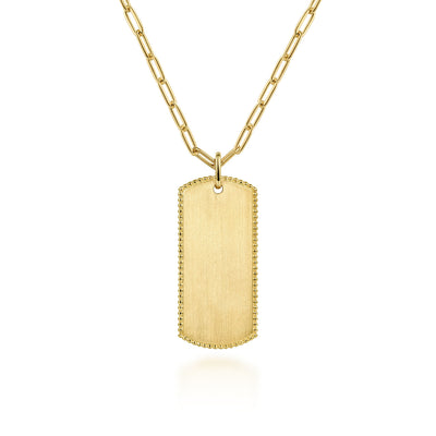 14K Yellow Gold ID Dog Tag Pendant Hollow Chain Necklace