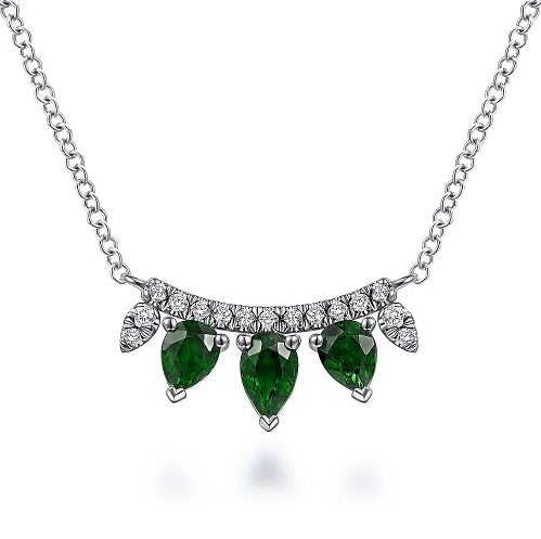 Gabriel & Co | 14K White Gold Pear Shaped Emerald and Diamond Bar Pendant Necklace