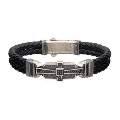 Men's Black Leather with 925 Silver and 40 pcs Black CZ Deco Bracelet.