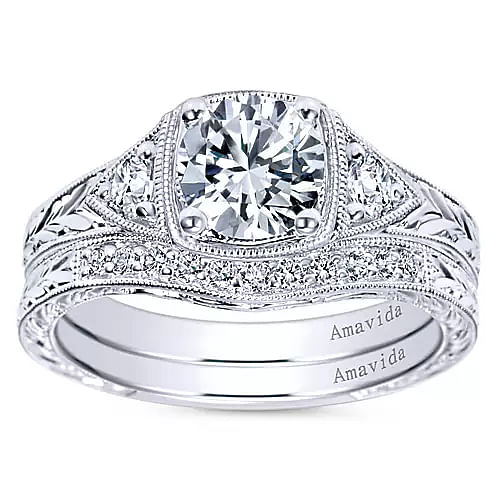 Gabriel & Co. Tallulah Three Stone Milgrain Halo Diamond Engagement Ring