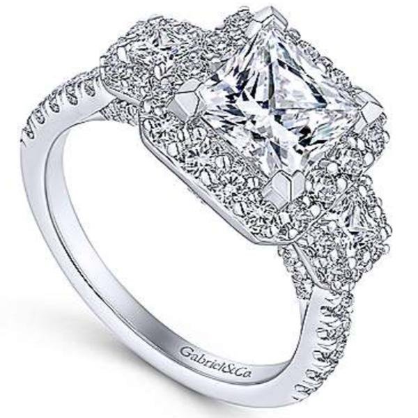 Gabriel Gibson Three Stone Princess Cut Halo Diamond Engagement Ring