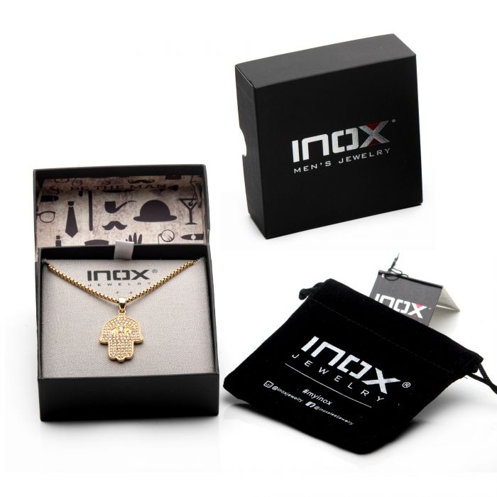 18K Gold Plated CZ Hamsa Pendant, with 22" Gold Plated Box Chain | INOX