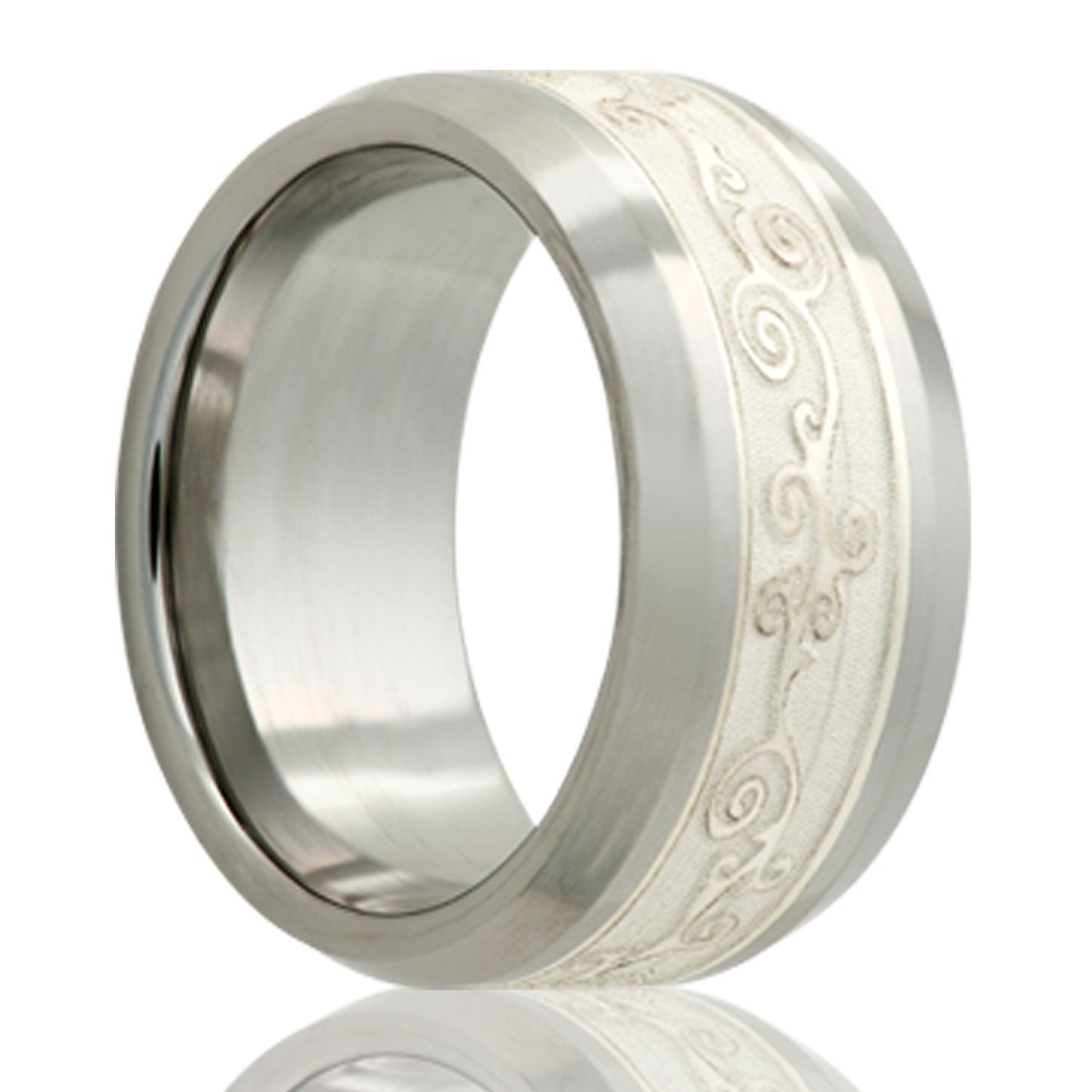 Tungsten Comfort Fit Ring with Engraved Silver